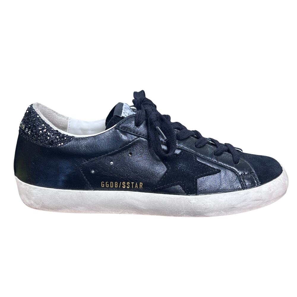 Golden Goose Superstar Black Leather Glitter Heel Sneakers Size 37 US 7